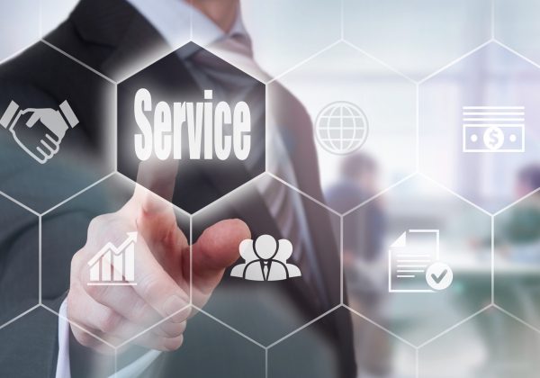 Businessman pressing an Service concept button.